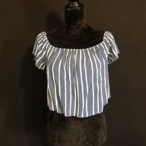 Blue & White Striped Off Shoulder Cropped Blouse